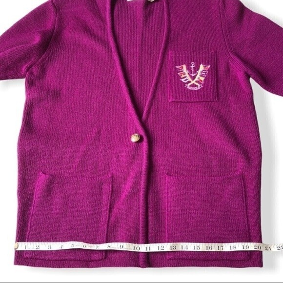 Vintage 80s Magnolia Wool Cardigan Sweater Burgundy Purple Nautical Crest Chunky - Picture 10 of 12